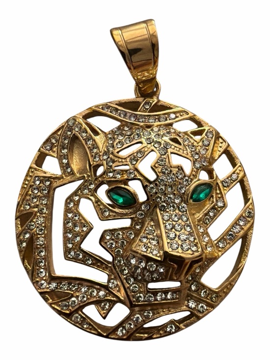 Jewelry - Gold-Tone Leopard Pendant with Green Crystal Eyes